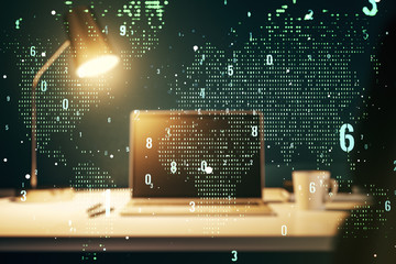 Poster - Double exposure of abstract programming language with world map on laptop background, research and development concept