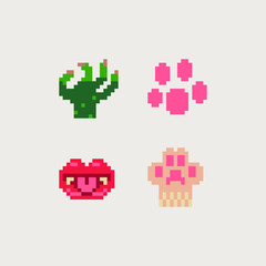 8 bit Paw lips and arm pixel art icons set, greeting card or invitation design elements, Happy Halloween, embroidery design, isolated vector illustration, video game sprite.