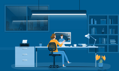 Poster - women working online  with video conference and work from home concept 