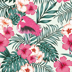 Wall Mural - Flowers leaves flamingo seamless tropical pattern background