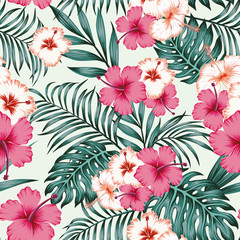 Wall Mural - Hibiscus leaves seamless tropical pattern background