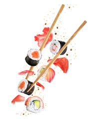 Wall Mural - Flying pieces of sushi with chopsticks isolated on white background. Concept of flying sushi with ingredients.