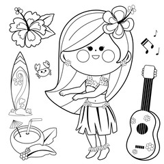 Wall Mural - Hawaiian hula dancing girl. Vector black and white coloring page