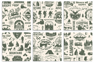 set of summer camp seamless pattern, background. vector. retro typography design with rv trailer, te