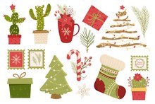 Set New Year Illustration. Alternative Christmas Tree. Cactus And Branches.