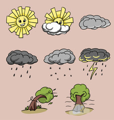 set of 8 different weather in cartoon style