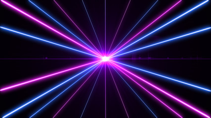 Aufkleber - Retro cyberpunk style 80s. Abstract neon color light party bright lens flare on black background. Laser show colorful design for banners advertising technologies