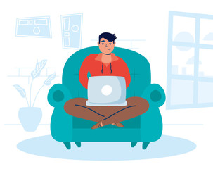 Sticker - man using laptop in sofa stay at home campaign