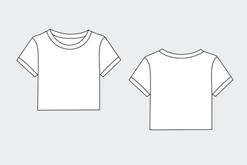 Female t - shirt vector template isolated on a grey background. Front and back view. Outline fashion technical sketch of clothes model.