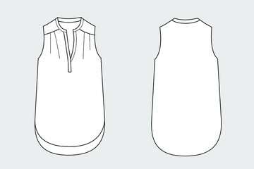 Female blouse vector template isolated on a grey background. Front and back view. Outline fashion technical sketch of clothes model.