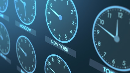 close up view of a wall of clocks with time of different cities (3d render)