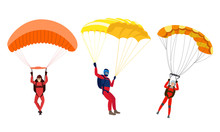 Happy Smiling Young People Skydivers With Parachutes Enjoying Flight Vector Illustration