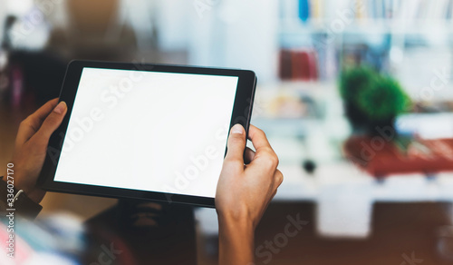 Fotomural workplace at home, Hipster girl working tablet technology,, isolation student st