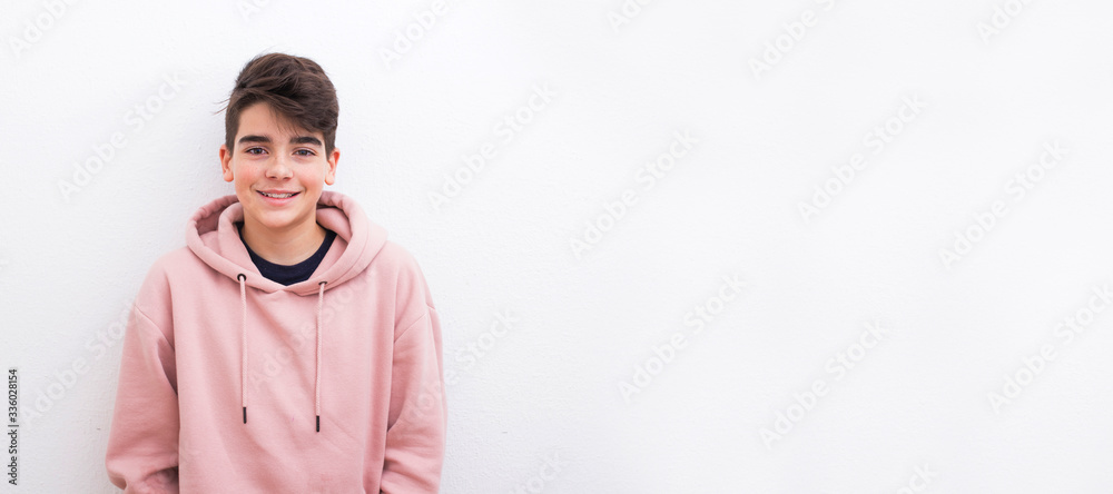 young teenager boy smiling isolated on white background - obrazy, fototapety, plakaty 