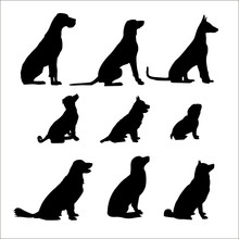 Nine Black Sitting Dog. Vector Black Illustration