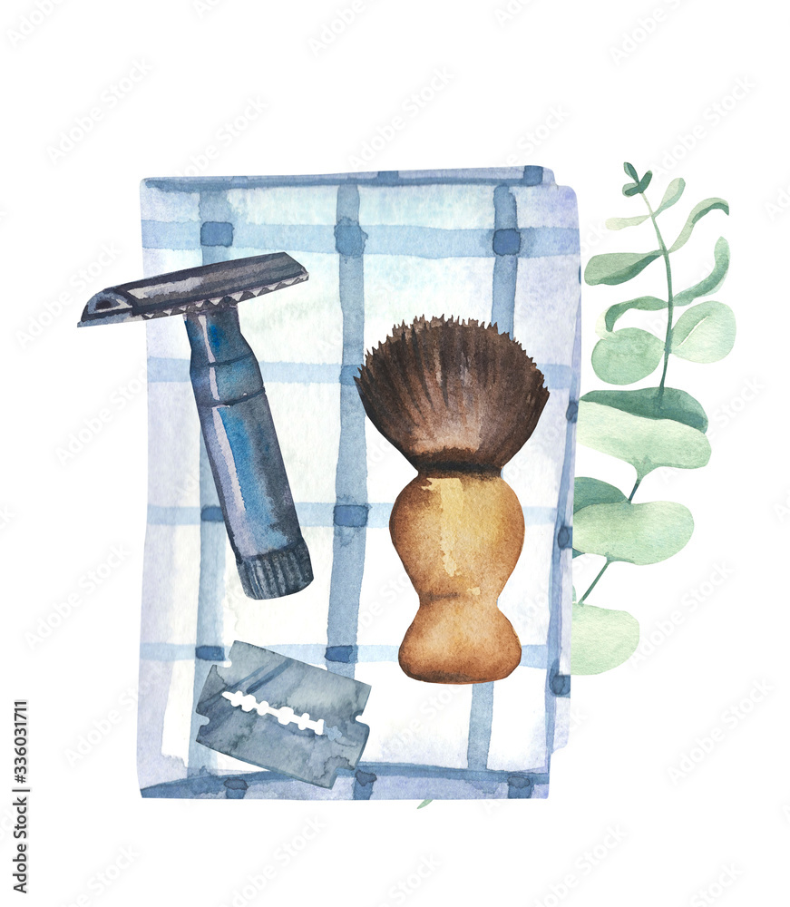 Watercolor Razor Watercolor hand painted zero waste composition with eucalyptus leaves ...