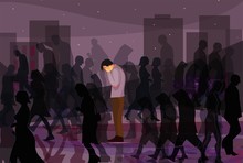Two-faced People. A Guy In A Crowd Of Hypocritical People . Vector Illustration Shows The Problem Of Society . Many People, Many Masks, Many Shadows