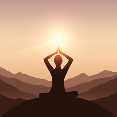 Wall Mural - peace of mind meditation concept silhouette with mountain background vector illustration EPS10
