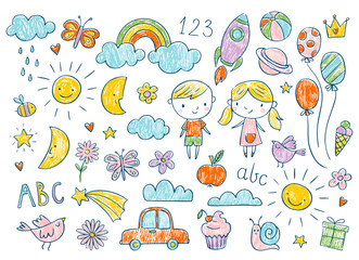 Vector hand-drawn kids doodle set. Drawings for children in color on white background. School, preschool, kindergarten baby shower related design elements set.