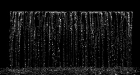 liquid waterfall falling splash on front view on black background. 3d render