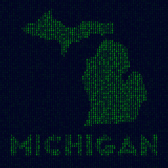 Fototapete - Digital Michigan logo. US state symbol in hacker style. Binary code map of Michigan with US state name. Appealing vector illustration.