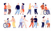 © MicroOne - Social workers. Help group senior, volunteers. Support service community or helpful students staff. People helping elderly person vector set. Support volunteer, volunteering staff illustration