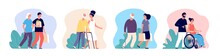 Social Help. Care Senior, Volunteer Working With Elderly. Young Male Female Caring Older People. Patient Health Support Vector Illustration. Helping And Support, Grandma And Helper Assistance