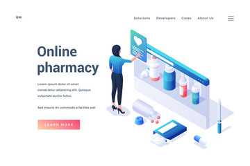 Poster - Isometric woman choosing medications in online pharmacy service