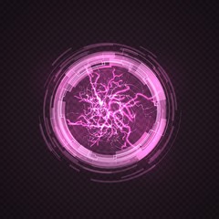 Sticker - Lighting circle. Purple ball, energy plasma. Electric power explosion, pink sparks and thunderbolt sphere. 3d light discharge vector illustration. Light energy glow, globe power lightning