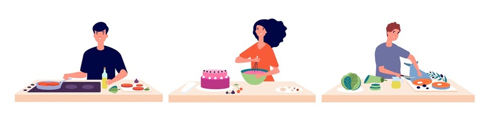 Wall Mural - People cooking. Man woman baking and make food. People and fresh healthy ingredients vector illustration. Woman or man cooking at home