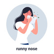 Sick woman with runny nose a symptom of flu, cold or allergy.
