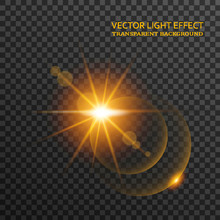 Light Flare In Golden Color Isolated On Transparent Background. Sun Rays, Glowing Stars, Sparkles With Glow Effect, Vector Illustration