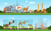 People Visiting The Zoo And Watching Different Wild Animals And Birds At Excursion Vector Illustration