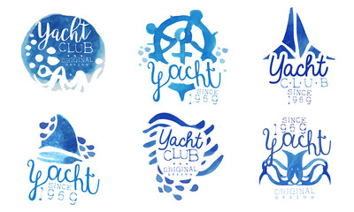 Wall Mural - Yacht Club Logo Collection, Sailing Sports Blue Watercolor Hand Drawn Retro Badges Original Design Vector Illustration