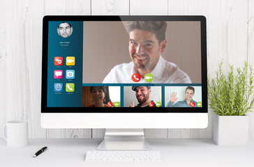 Poster - white workspace with computer video conference