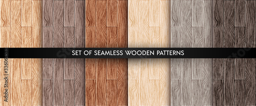 Wood plank texture seamless patterns set. Realistic different color wooden bo...