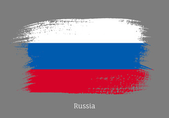 Russia official flag in shape of paintbrush stroke. Russian national identity symbol. Grunge brush blot object isolated on white background vector illustration. Russia country patriotic stamp.