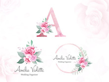 Watercolor Floral Logo Set For Initial A Of Peach And Purple Roses And Leaves. Premade Flowers Illustration Vector