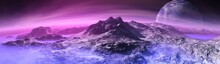 Beautiful Alien Landscape, Panorama Of The Surface Of A Fantasy Planet, Unknown World In Space, Martian Chronicles, 3D Rendering