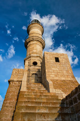 Lighthouse in old port of Chania, Crete island, Greece