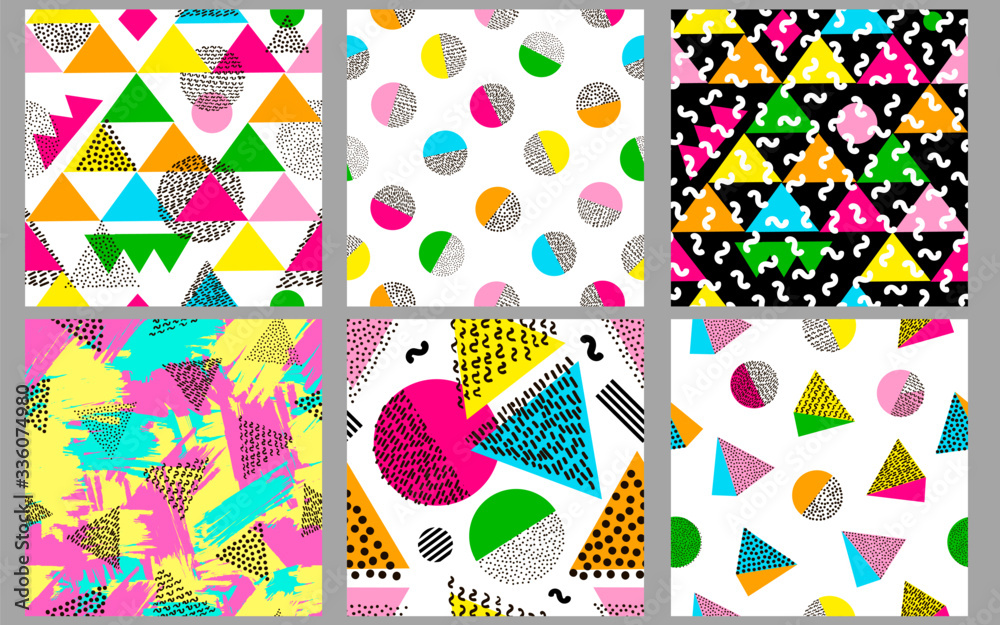 Seamless patterns. Geometric backgrounds. Memphis style. 80s years ...