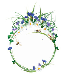 Wall Mural - vector round floral frame with wild flowers, bees and strawberry