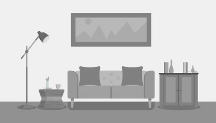 living room in gray for web site, print, poster, presentation. Home interior flalt design illustration.