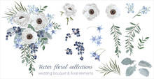 Vector Floral Set With Leaves And Flowers. Elements For Your Compositions, Greeting Cards Or Wedding Invitations. Blueberry And White Anemones