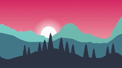 Wall Mural - Animated cartoon background. Looped animation of mountain landscape with pine trees. Flat footage with parallax effect. side view