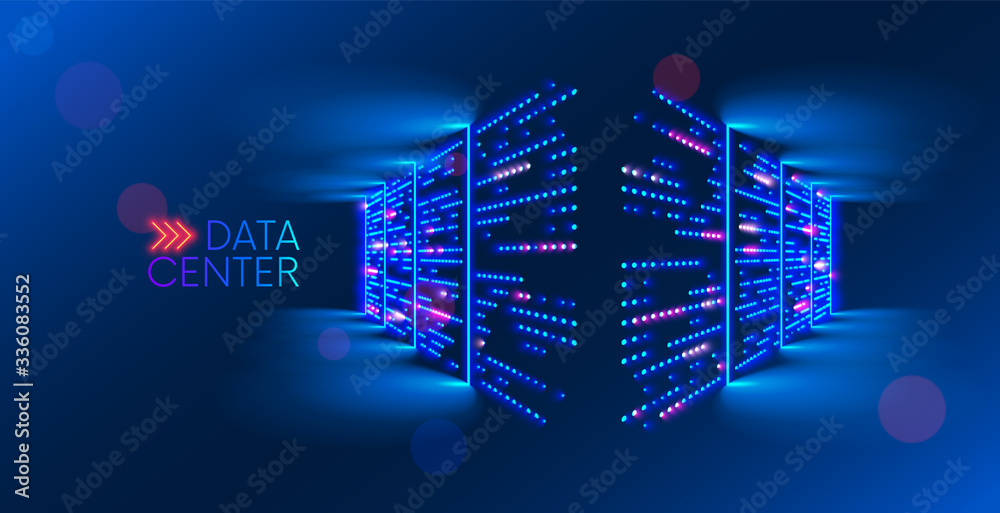 Data center. abstract digital warehouse. Server room of clouds computing technology. Server farm communication with internet. Network connection and information exchange lights glow in the dark. - obrazy, fototapety, plakaty 