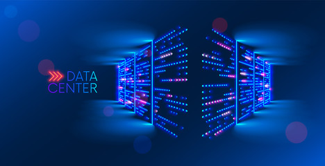 Data center. abstract digital warehouse. Server room of clouds computing technology. Server farm communication with internet. Network connection and information exchange lights glow in the dark.