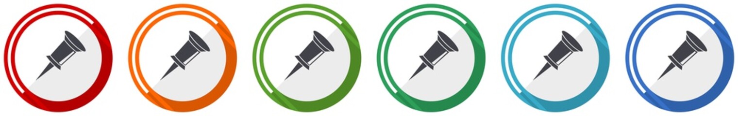 Poster - Pin icon set, flat design vector illustration in 6 colors options for webdesign and mobile applications