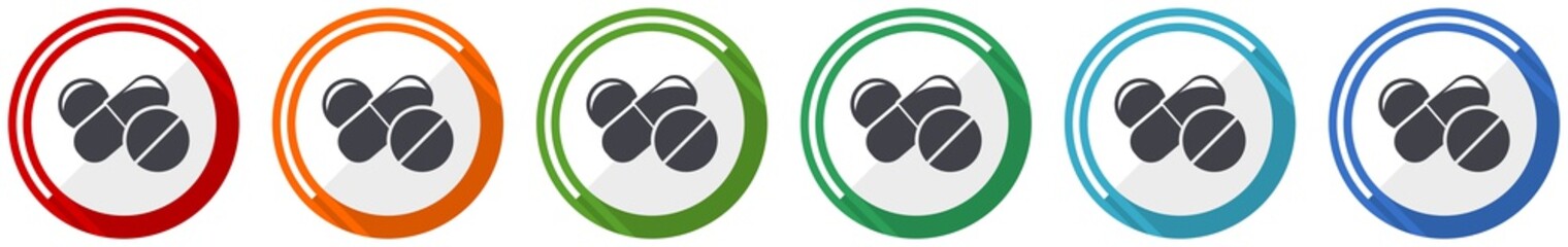 Leinwandbilder - Medicine icon set, flat design vector illustration in 6 colors options for webdesign and mobile applications