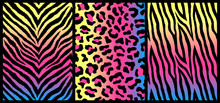 Set Of 3 Colorful Exotic Animal Fur Prints. Animalistic Backgrounds. Beautiful Detailed Textures For Posters, Covers, Etc. Holographic Shiny Gradients.	